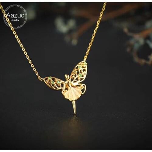 Aazuo Real 18K Yellow Gold Natural Emerald Micro Pave Fairy Free Pendent Necklace gifted for Women Wedding Engagement Au750