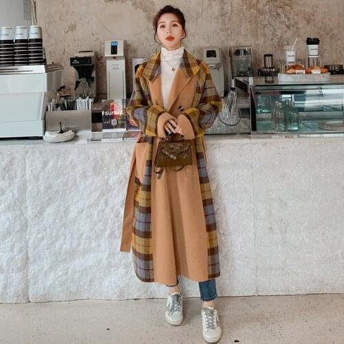 Coat Female Winter Wool Plaid Stitching Big Size Double-sided Woolen Long Loose Double Breasted Lapel Women Fashion Jacket YM1