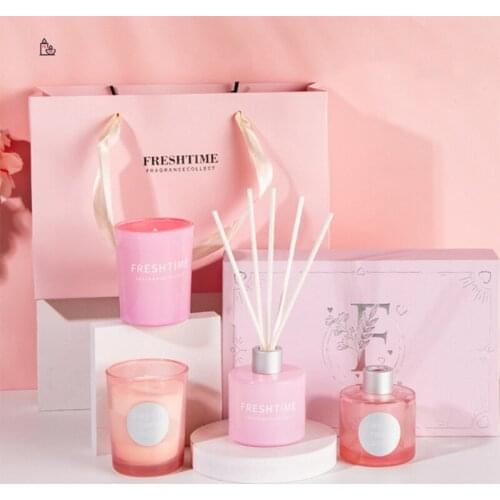 Pretty In Pink Series Valentines Day Mothers Day Gift Set 50ml Reed Diffuser Sakura 70g Scented Candle Rose Fragrance Soy Wax