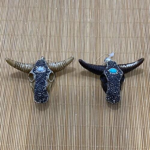 Resin Animal Bull Head Diamond Inlaid Pendant Suitable for DIY Jewelry Accessories Personalized Trend Necklace Pendant 50x68mm