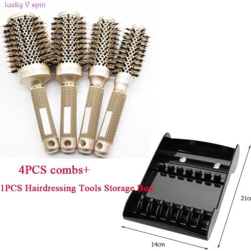 Professional 4pcs Thermal Ceramic Ionic Round Barrel Hair Brush Round Barrel Comb with 1PCS Hairdressing Tools Storage Box