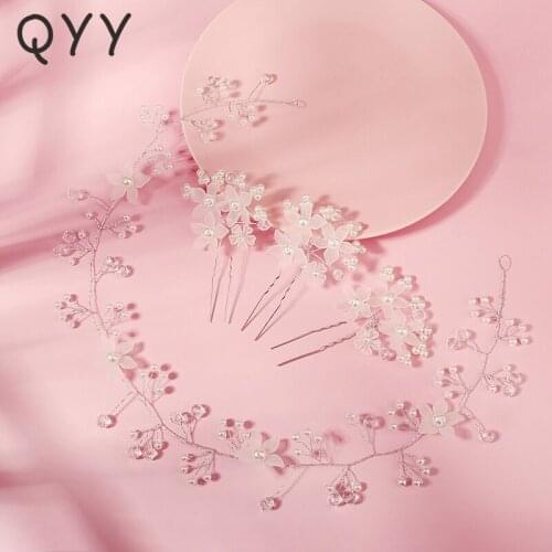 QYY Bridal Wedding Hair Accessories Handmade Flower Pearl Headbands for Women Hairpins Bride Headpiece Bridal Hair Jewelry Gifts