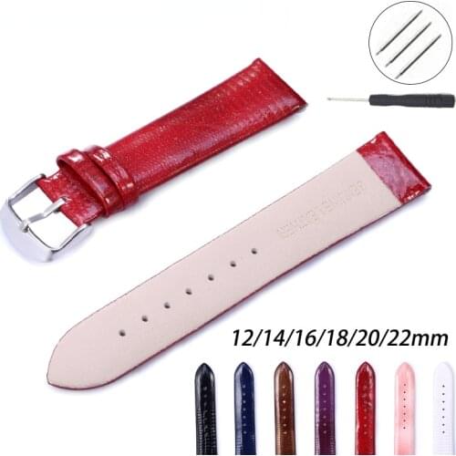 12mm 14mm 16mm 18mm 20mm 22mm Lizard Pattern Watch Band Genuine Leather Bracelet Wrist Steel Buckle Universal Watchband + Tool