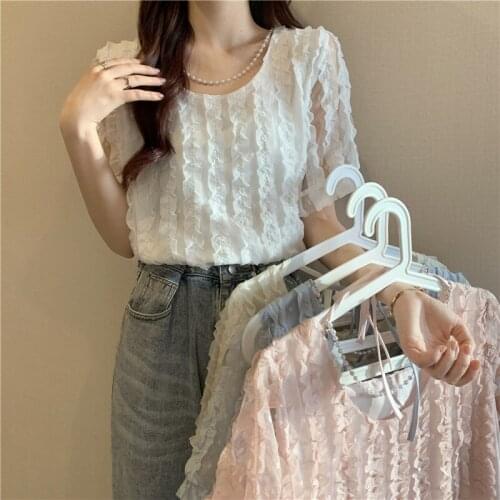 Shirt French Temperament Round Neck Short-sleeved Shirt Female Design Sense Niche Summer New Korean Style Loose Top