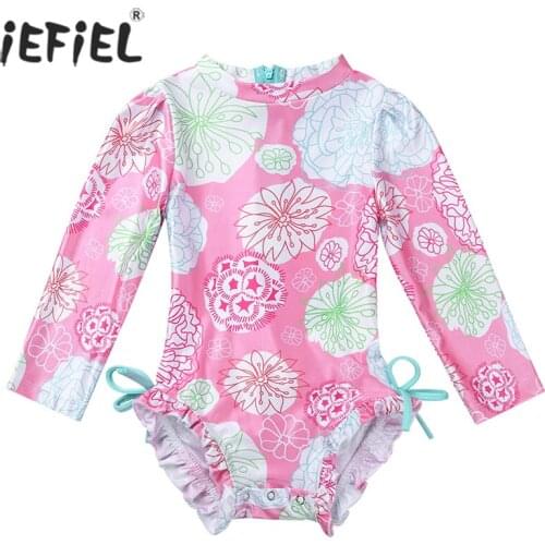 One Piece Floral Printed Spliced Girls Swimwear Cute Long Sleeve Kids Girls Bikini Bathing Suit Swimsuit Beach Wear