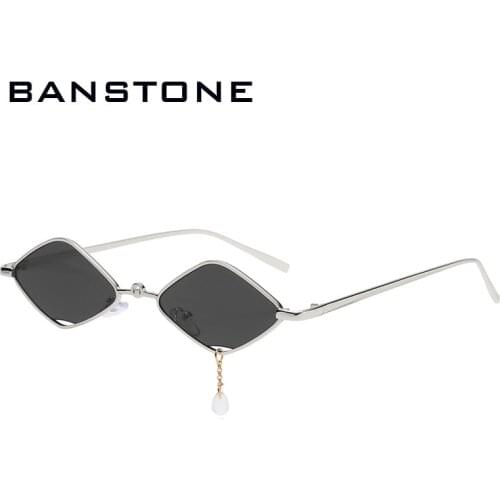 BANSTONE Small Diamond Sunglasses Women Retro Punk Metal Clear Ocean Lens Eyewear Chain Pendant Sun Glasses Men Shades UV400