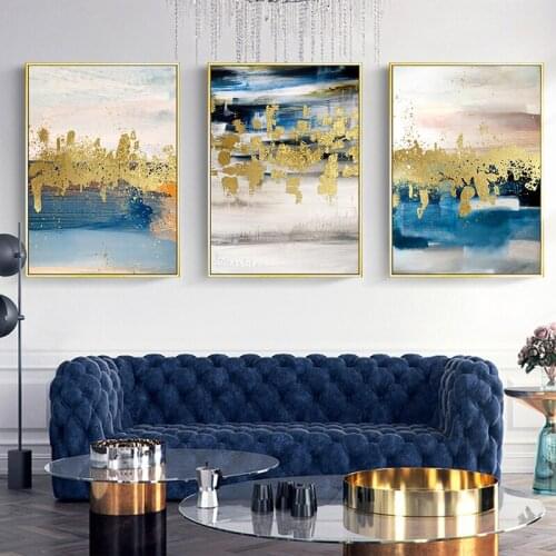 Modern Blue Gold Foil Abstract Scene Posters and Prints Canvas Paintings Wall Art Pictures for Living Room Home Decoration