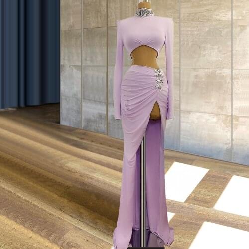 Modern Long Sleeves Lilac Two Pieces Evening Dresses High Neck High Slit robe de soirée de mariage