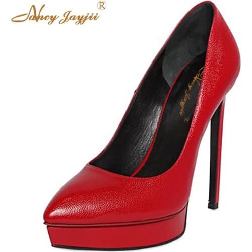 Sexy Red Black Beige Leather Pointed Toe High Heels Platform Pumps Casual&Party&Wedding Shoes Woman Plus Size 4-16 Nancyjayjii
