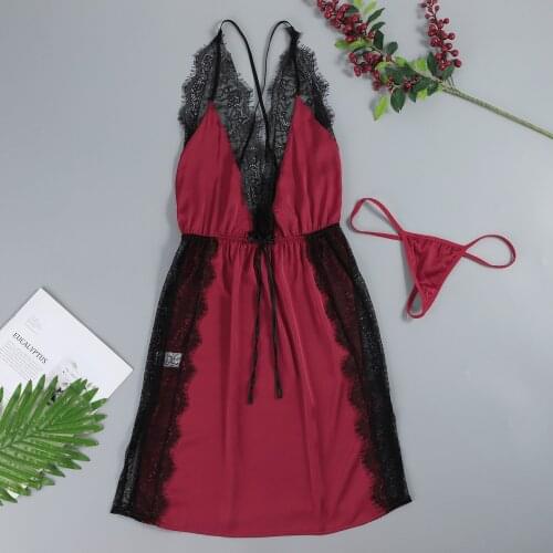 Women Nightdress Deep V Perspective Lace Stitching Fun Underwear T-pants Set Split Fork Nightgown Ensemble Lingerie Femme