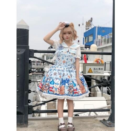 Sailing Bear Sweet Womens Lolita Set: JSK Dress Suspender Dress + Sailor Collar Shirt Sleeveless Cute One Piece Summer Dress