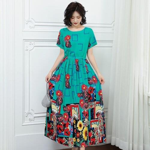 New Summer Women Elegant Print Long Dress 6XL Ladies A-Line Short Sleeve Loose Oversize Dress Plus Size Female Vestidos Clothing