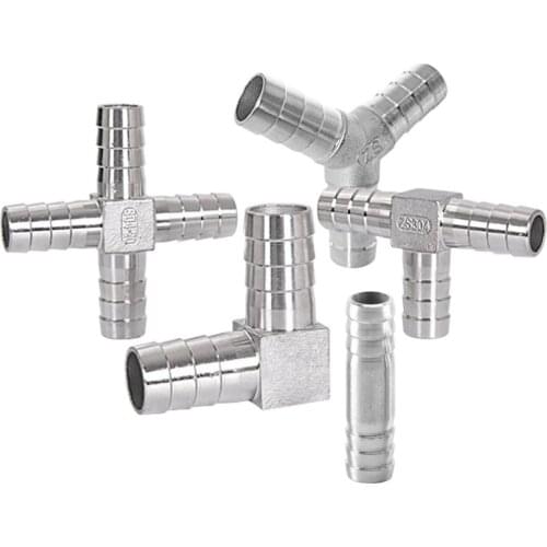 3/4/6/8/10/12/19/20/25/32mm 304 Stainless Steel Pipe Fittings 3 Way And 4Way Straight Elbow Barb Hose Barbed Joint For Gas Water