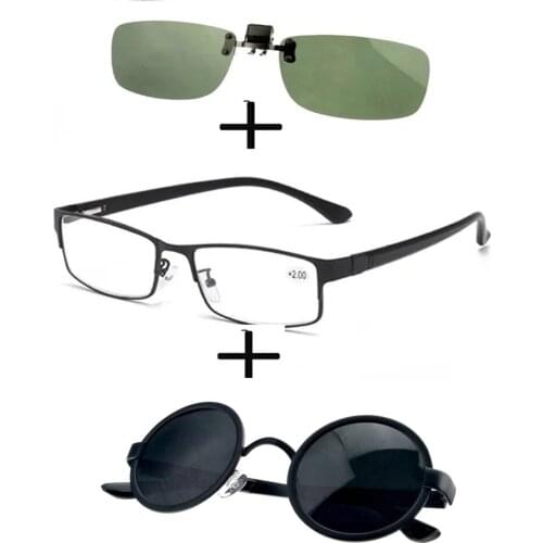 3Pcs!!! Rectangular Metal Business Reading Glasses for Men Women + Round Polarized Sunglasses Sports Metal + Sunglasses Clip