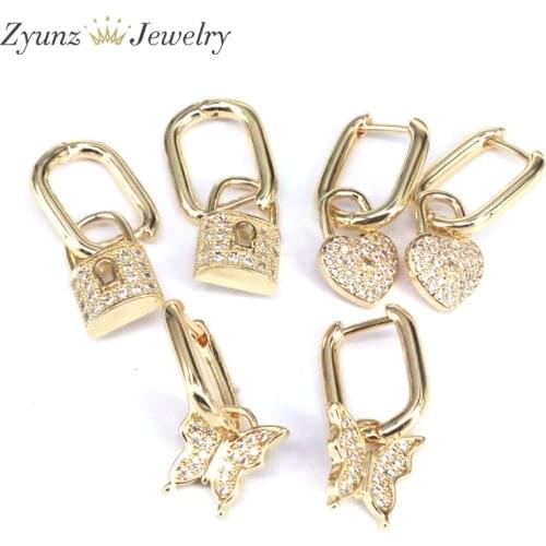 5 Pairs, Drop-Earrings Brincos Jewelry CZ Crystal Zircon Heart Padlock Butterfly Dangle Earrings Gold Color for Women Party Gift