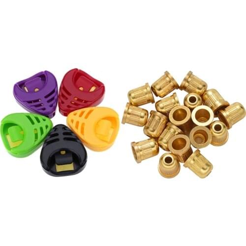 5 Pcs Plactic Heart-Shaped Guitar Pick Plectrum Holder Cases & 18 Pcs String Ferrules For Electric Guitar (Gold)