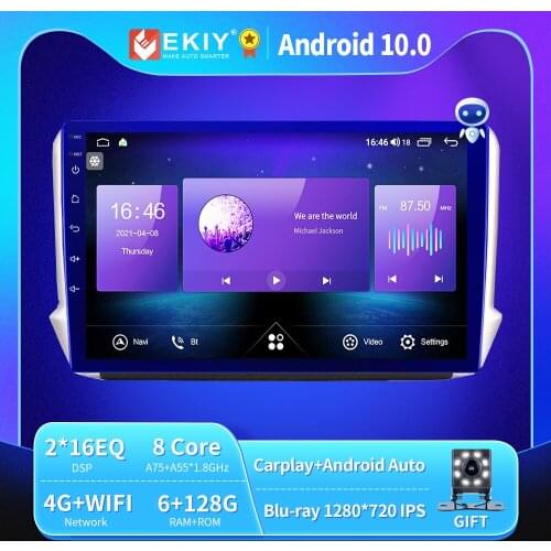 EKIY 6+128G 8 CORE Android 10.0 Car Radio For Peugeot 2008 208 2014-2018 Autoradio Multimedia Blu-ray 1280*720 IPS/QLED Navi GPS