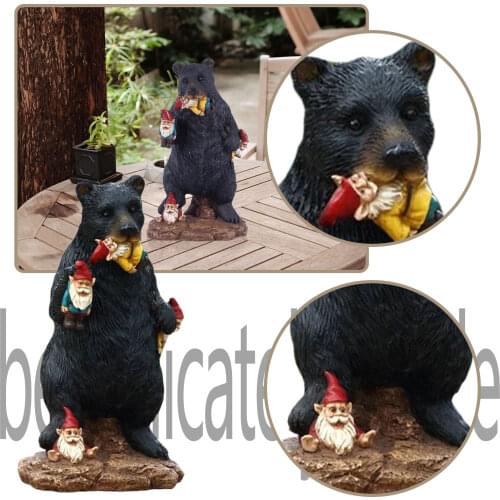 Gorilla Bigfoot and Gnomes Figurine Sculpture Ornament Naughty Black Bear Eating Garden Gnomes Figure Resin Dwarf Sculpture