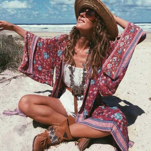 GypsyLady Wine red Floral Print Long Kimono Shirt Bohemeian 2020 belt tied Cardigan Loose summer beach women Blouse Top