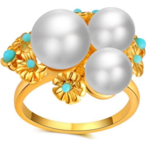 Natural Freshwater Pearl Jewelry Gold Three Pearl ring, Female Ring With High Quality Zircon Wedding Gift