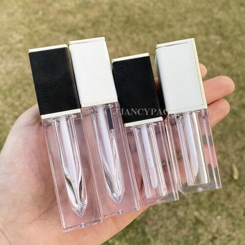 Wholesale 4ml cosmetic white black sqaure leather lid empty lip gloss tube container lip glaze bottle refillable lip balm tubes