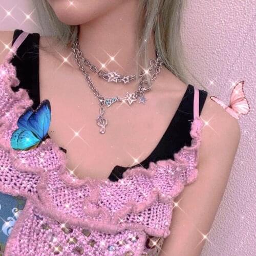 Punk Y2K Star Letter Pendant Necklace For Women Crystal Charms Music Symbol Choker Necklace Gossip Girl 90s Jewelry Aesthetic