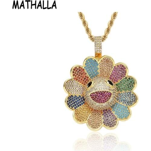 MATHALLA Iced out bling Sun flower shape pendant necklaces rotatable fashion popular Charm Necklace Hiphop jewelry gifts