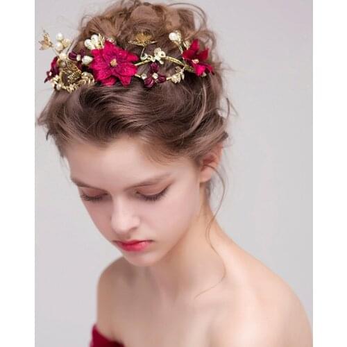 Bridal Headpieces Wedding Headband Red Color Simulated Pearl Flower Princess Hair Vine Headdress Pearls Wedding Hair Accessories