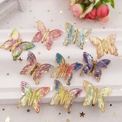 100pcs Resin Big Colorful Crystal Butterfly Flat Back Rhinestone Buttons DIY 1 Hole Wedding Scrapbook Accessories Craft W91