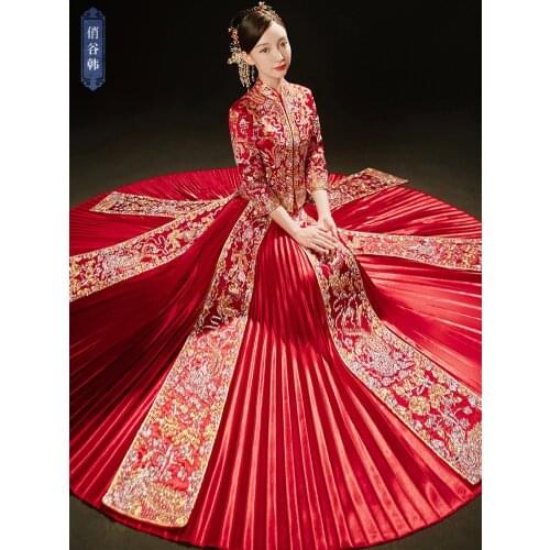 Luxury Ancient Mandarin Collar Chinese Wedding Bride Embroidery Cheongsam Traditional Women Oriental Dragon Phoenix QiPao