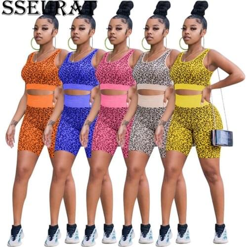 SSEURAT Leopard Print Sport Suit for Women Casual Two Piece Set Fitness Tracksuit Vest Top High Waist Shorts