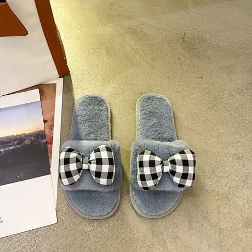 Winter Women House Slippers Faux Fur Fashion Warm Shoes Woman Slip on Flats Female Bow Slides Cozy Home Furry Slippers
