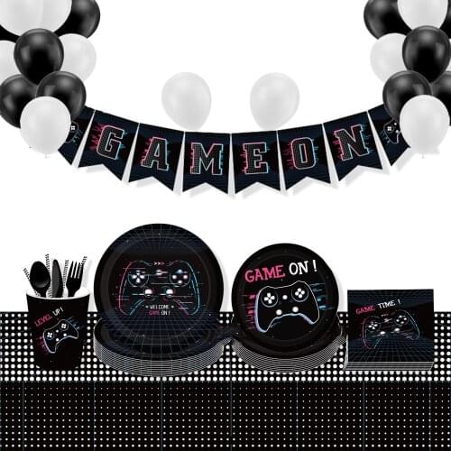 Black Game Theme Birthday Carnival Party Decoration Disposable tableware paper plates straw napkins Baby Shower Party supplies