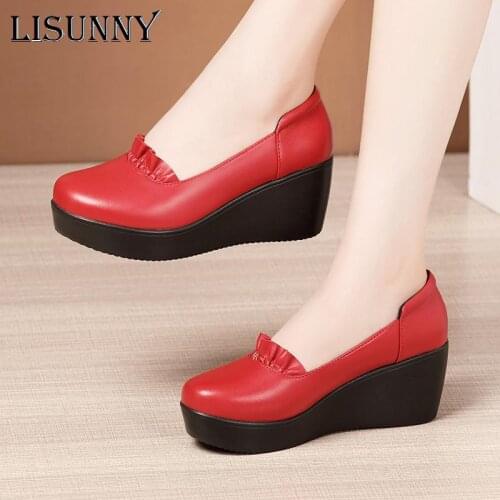 LISUNNY Wedges Shoes for Women 2020 Autumn Spring Platform Pumps Woman High Heels Leather Office Shoes Ladies Plus Size 33-43