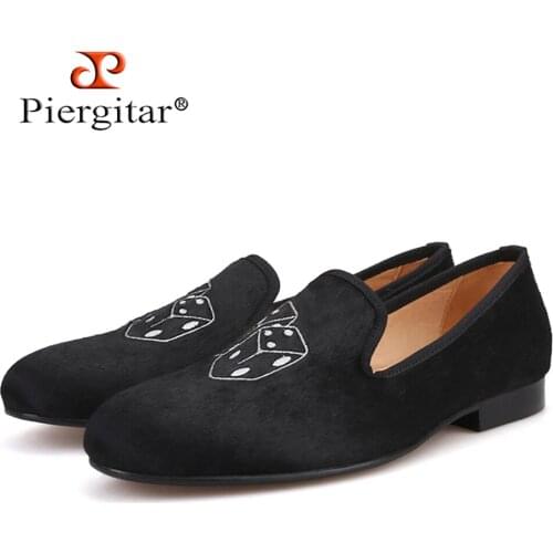 Piergitar 2019 Handmade Black Horsehair men shoes with dice embroidery party and banquet men loafers mens smoking slippers