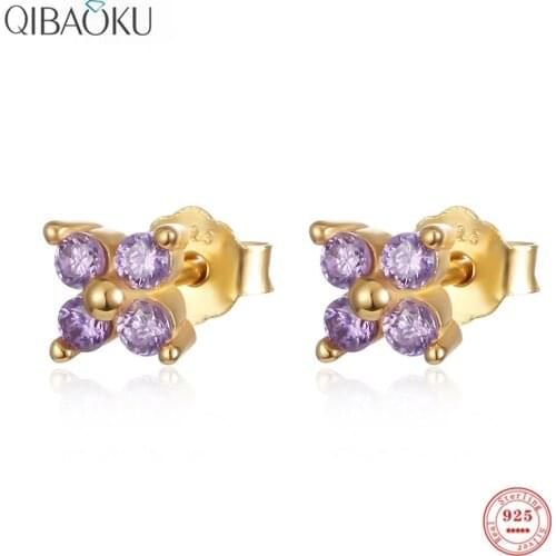 Real 925 Sterling Silver Stud Earrings Purple Four Zircon Gold Earrings Exquisite Fashion Ear Jewelry Gift for Women