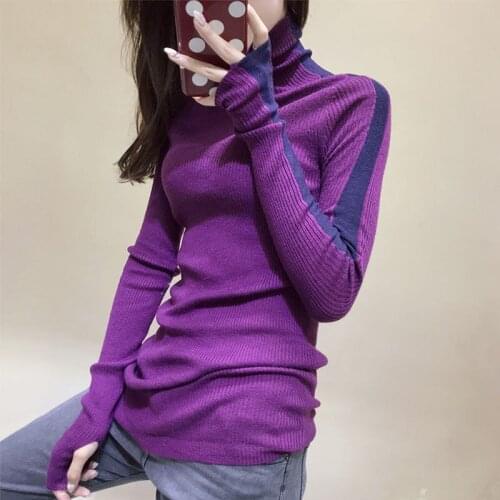 Womens Sweaters Color Matching Striped Sleeves Bottoming Knit Sweaters Are Thinner with Sweaters Ladies Turtleneck