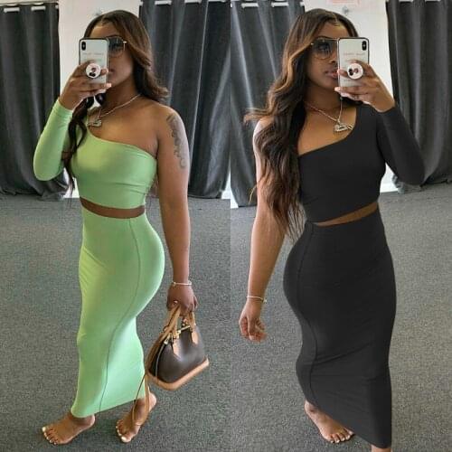 2021 Spring/Autumn new fashion womens Solid long-sleeve Oblique collar midriff two piece sets trend tight sexy suit long skirt