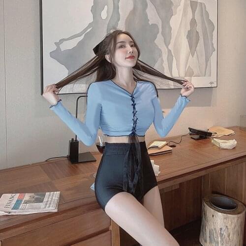 Long Sleeve Swimming Suit For Women Swimwear With Sleeves Bikini Surf Sexy Swimsuit Female High Waist Japan Korea Solid Spandex