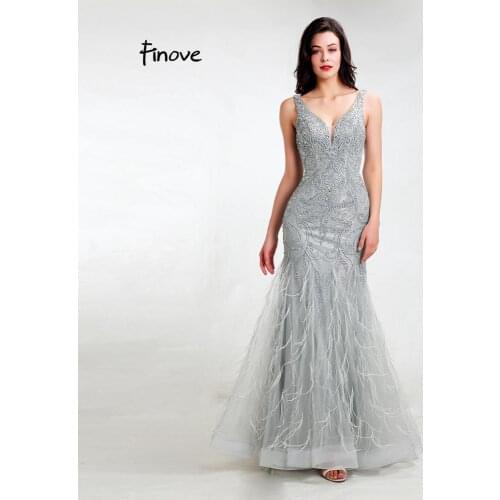 Finove Mermaid Evening Dresses 2020 Sexy V Neck With Beading Feathers Sparkle Materials Formal Long Dress Gowns Robe de soiree