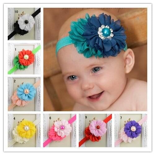 10pcs/lot Double Chiffon Flowers Headband with colored Rhinestone Center Kids Sinamay Fascinator Hair Bows Free Shipping FDA54