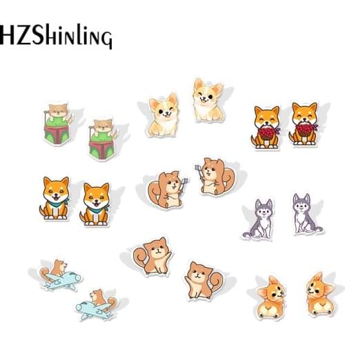 2019 New Shiba Inu Acrylic Earring Funny Yellow Dog Fashion Stud Earrings Epoxy Art Photo Resin Earring