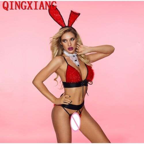 2021 Women Deep V Neck Bra and Panties Long Ears Set Cosplay Party Costume Adult Three Point Red Fur Sexy Bunny Costume Set