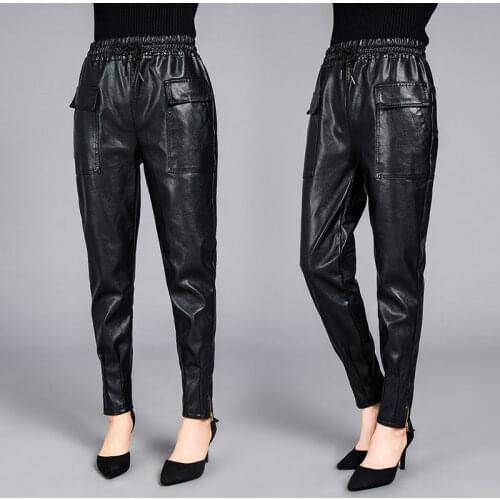 2021 Spring Women PU Leather Pants Fashion Pants Female High Waist Solid Wide Leg Trousers Ladies High Waist Casual Pants H664