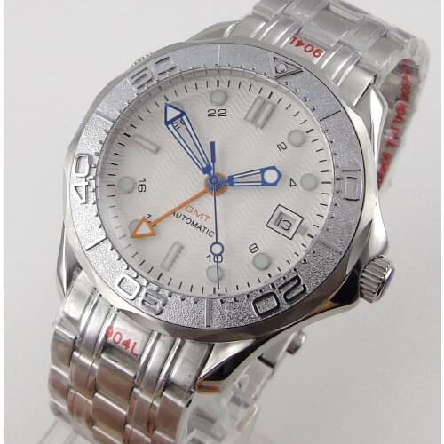 41mm Bliger Automatic Mens Watch GMT Function White Wave Dial Sapphire Glass Date Aluminum Bezel Insert 904L Steel Bracelet