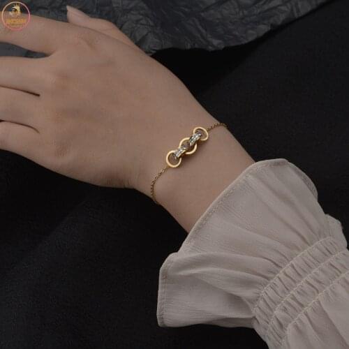 Akizoom New Fashion Stainless Steel Bracelet For Women Chain 14K Square Diamond Bangles Gold Color Jewelry Birthday Friends Gift