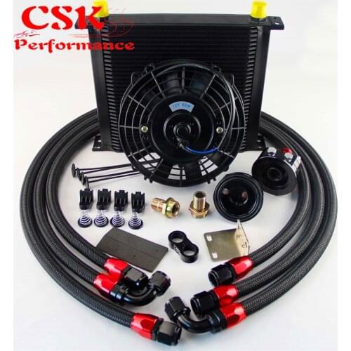 AN10 Universal 34 Row ENGINE FILTER RELOCATION Oil Cooler+7" Electric Fan Kit Black
