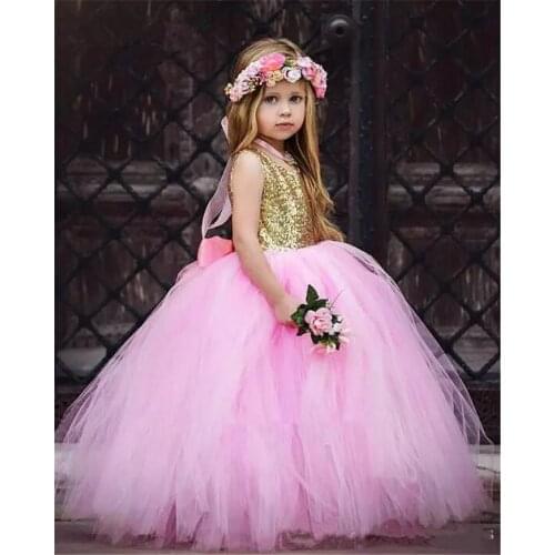 Golden Sequin Pink Skirt Ball Gown Princess Flower Girls Dresses Cute Girls First Communion Party Birthday Dress