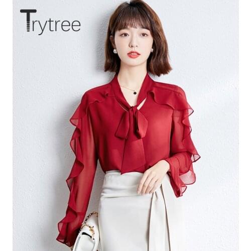 Trytree 2021 Spring Summer Women Blouse Casual Bow Riband Ruffles Butterfly Sleeve Solid Shirts Office Lady Silky Tops For Women