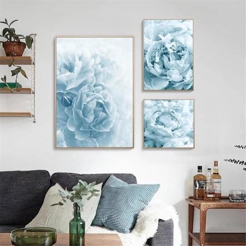 Nordic Elegant Blue Flower Poster Blooming Art Print Rose Close-Up Wall Art Canvas Painting Modern Pictures Living Room Decor
